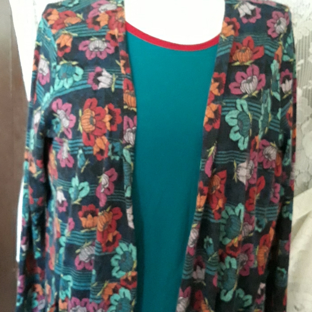 Lularoe carly dress and Sarah long sweater combo